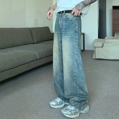 maoxiangshop Korean Style Vintage Men's Denim Pants Fashion Washed Distressed Straight Gradient Jeans Summer Loose Slim Wide Leg