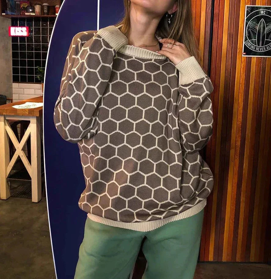 maoxiangshop  -  Autumn New Pullover Sweater Women's Retro Plaid Print Loose Casual Knitted Top  Long Sleeve Round Neck Female Fashion