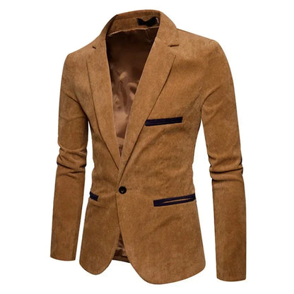 maoxiangshop WELL DRESSED MEN New High Quality Men's Leisure Corduroy Blazers Jacket Fashion Patchwork Single Button Casual Slim Suit Jacket for Men Clothing