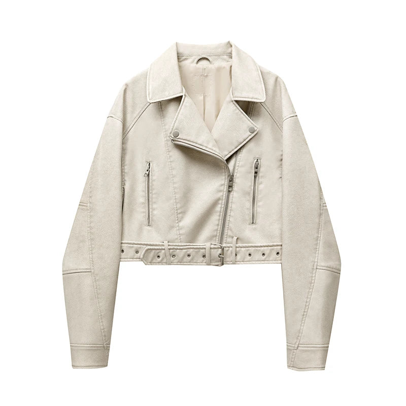 Women Vintage Loose Pu Faux Leather Short Jacket with Belt Streetwear Female Zipper Retro Moto Biker Coat Outwear Tops