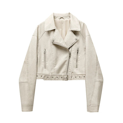 Women Vintage Loose Pu Faux Leather Short Jacket with Belt Streetwear Female Zipper Retro Moto Biker Coat Outwear Tops