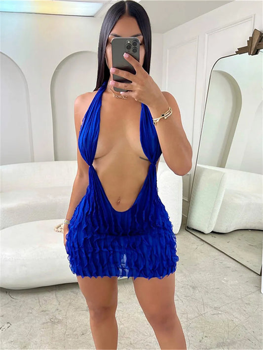 maoxiangshop Wavy Sexy Women Short Dress Halter Backless Deep V Neck Skinny Coquette Hot Girl Midnight Party Clubwear Bodycon