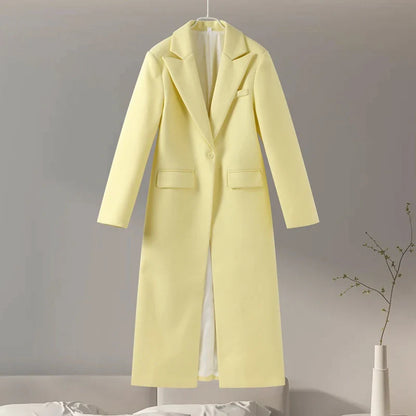 maoxiangshop  -  Loose Lapel Woolen Long Coats Women Winter Classic Yellow Single Button Pockets Overcoats Female Elegant Casual Street Outwear