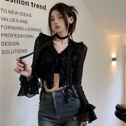 Sexy Gothic Women Lace Blouses Grunge Y2k Crop Top Female Shirts Elegant Black Transparent Cardigan Korean Streetwear