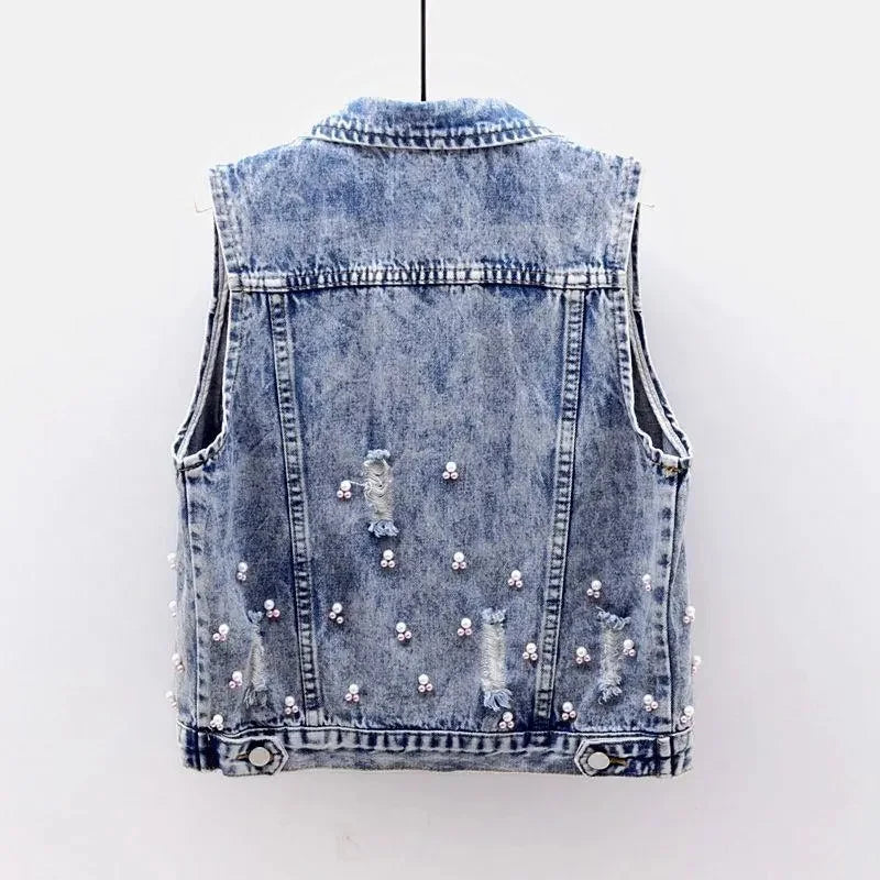 maoxiangshop 2024 Student Vest Slim Short Jacket Embroidery Flowers Sleeveless Denim Vest Women's Beaded Waistcoat Hole Jeans Vest Coat Girl