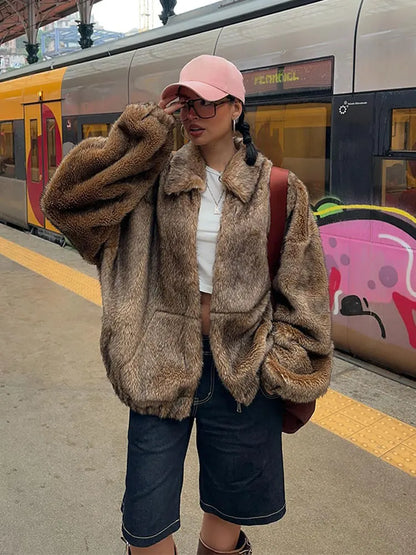 maoxiangshop -  Fluffy Faxu Fur Plush Coat For Women Brown Long Sleeve Lapel Oversized Outwear Thick Warm Winter Female Street Jacket