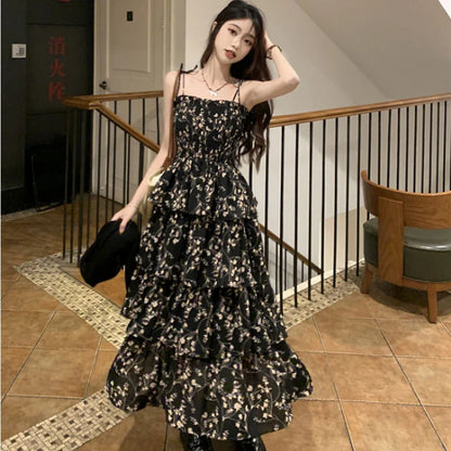 Y2k Korean Style One Piece Floral Dress Women Vintage Elegant Layered High Waist Black Long Slip Fairy Dresses Summer