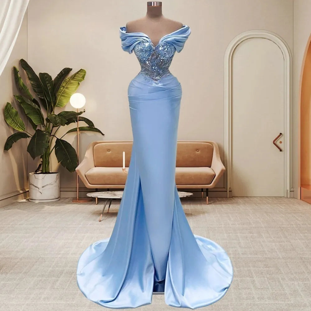 maoxiangshop Baby Blue Mermaid Evening Dresses Women Off the Shoulder Sparkle Sequins Formal Party Gowns Long Satin Occasion Vestido De Gala