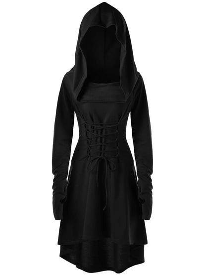Autumn and Winter Women's Solid Color Festival Performance Dress With Long Sleeves and Hooded Lace-up Dress