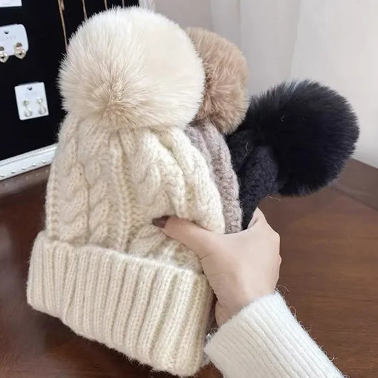 maoxiangshop thicken Fur Pom Knitted Beanies Hat Female Plush Winter Fleece-lined Warm Hats for Women Girl's Outdoor Woolen Thermal Gorro Cap