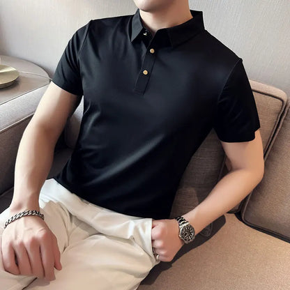 maoxiangshop Mens Short Sleeve POLO Shirt Summer Thin New High Elasticity Solid Color Casual Slim Fit Formal Dress Shirt Men Clothing