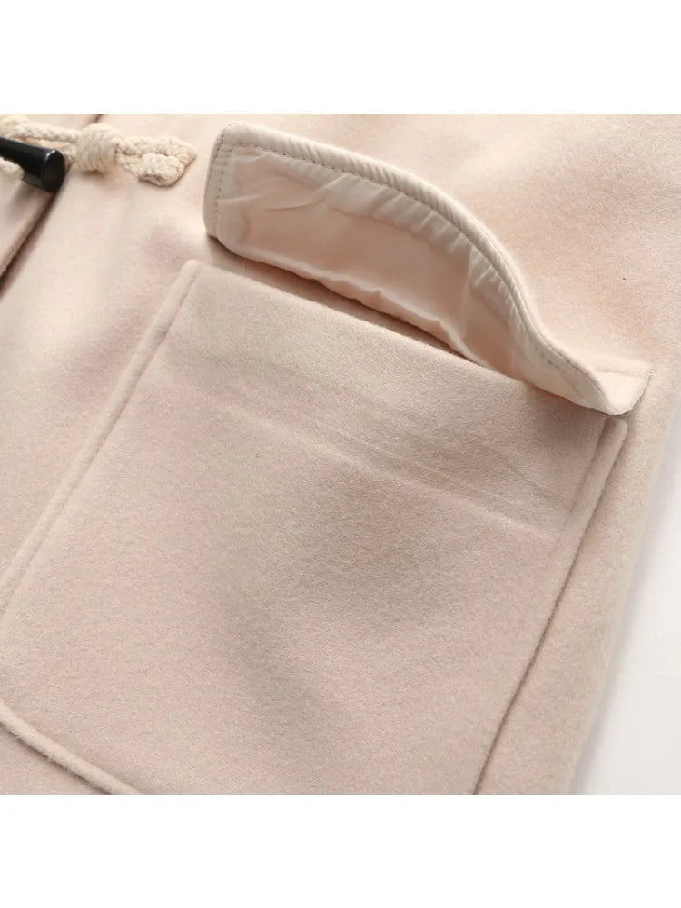 Solid Women Long Wool Blends Winter Loose Warm Coat Hooded  s Office Work Wear Horn Button Legant