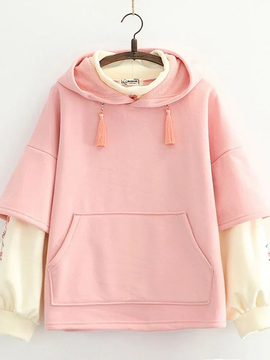 maoxiangshop Floral Embroidery Patchwork Fleece Women Hoodies Winter Thick Drawstring Hooded Sweatshirt Female Plus Velvet Pullovers