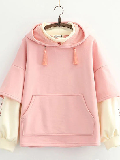 maoxiangshop Floral Embroidery Patchwork Fleece Women Hoodies Winter Thick Drawstring Hooded Sweatshirt Female Plus Velvet Pullovers