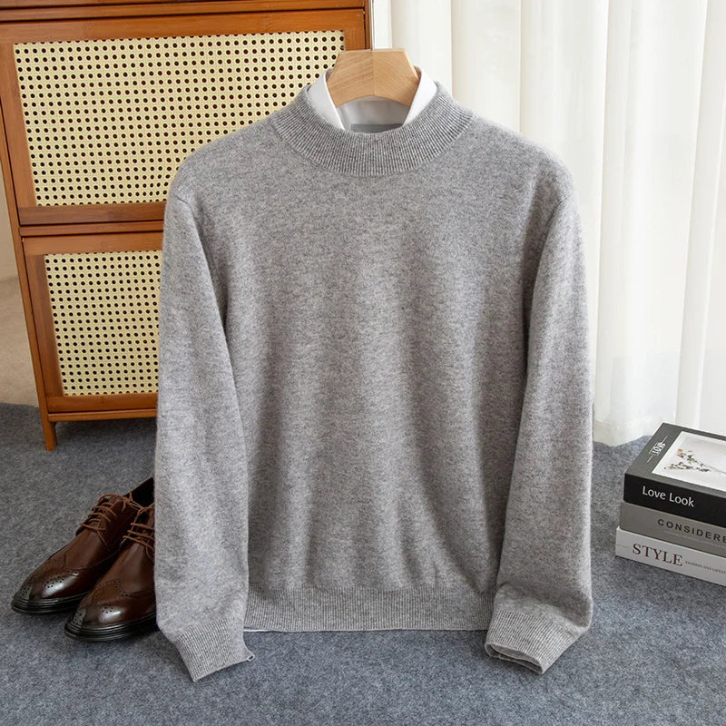 maoxiangshop New Fashion Men's 100% Wool Pullover Half-high Collar Sweater Autumn Winter Warm Solid Color Knit Sweater Business Casual Top