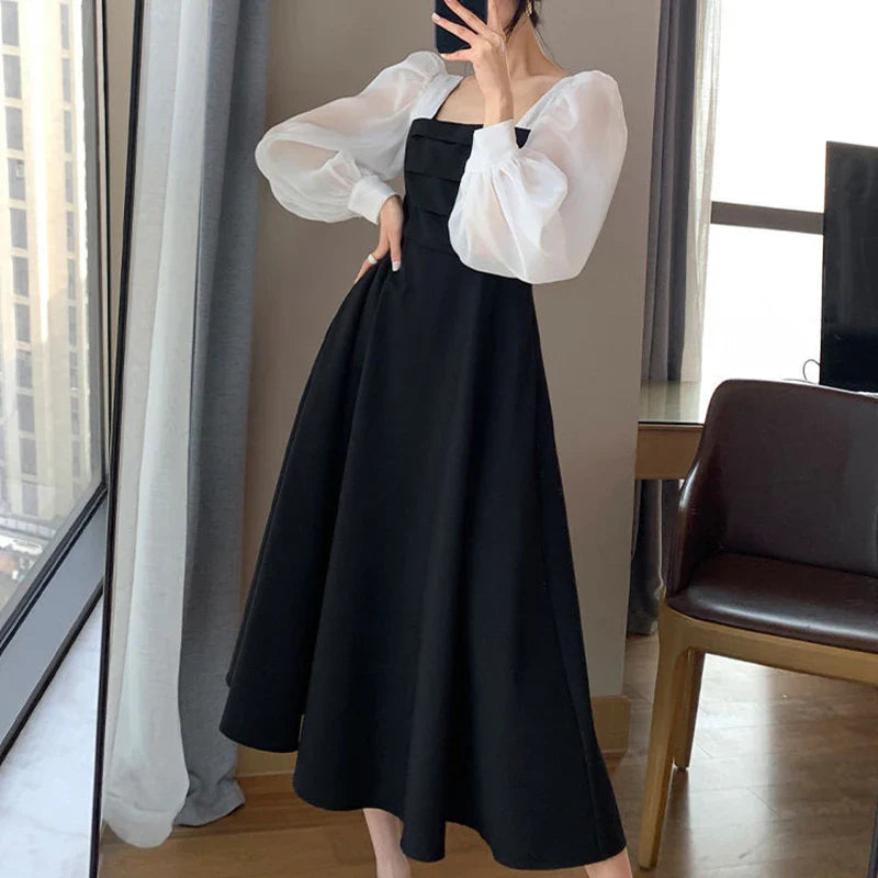 Korean Black Dress Women Elegant Fashion Summer Office Ladies High Waist Dress Chiffon Patchwork Square Collar A Line Vestidos