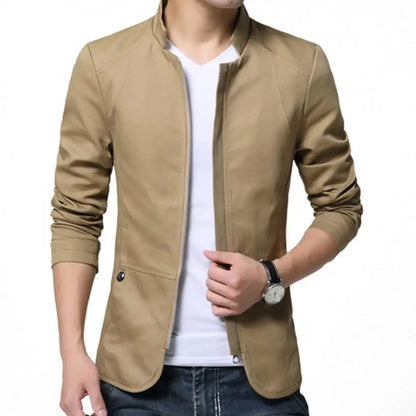 maoxiangshop Casual Men Blazer Spring Autumn Stylish Business Casual Jacket Solid Color Stand Collar Zipper Pockets Thin Slim Blazer Coat