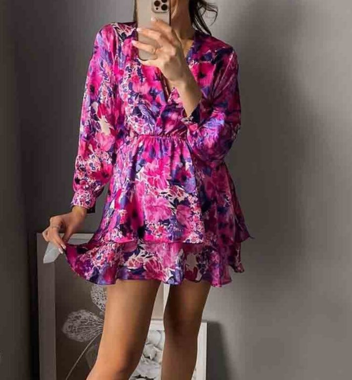 maoxiangshop Print Short Dress Woman Ruffles Ruched Mini Dresses for Women Summer Dress Short Sleeve Elegant Party Dresses