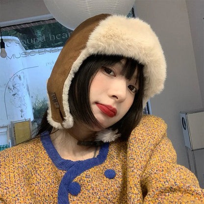 maoxiangshop  -  Women Bomber Hat Suede Plush Lined Trapper Cap Winter Warmer Windproof Russian Pilot Caps Ear Protect Skiing Riding Leifeng Hats