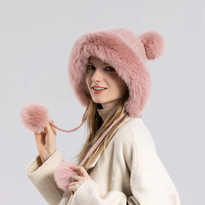 maoxiangshop  -  Winter Pompoms Hat for Women Plush Lining Thickened Warm Knit Beanies Bonnet Outdoor Windproof Ear Protection Skiing Woolen Caps