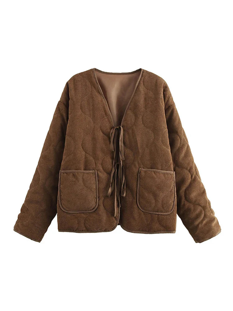 maoxiangshop  -  Vintage Brown Lace Up Women's Coats Quilted V-neck Pockets Long Sleeve Warm Jacket 2024 Autumn Winter Lady All-match Outwear