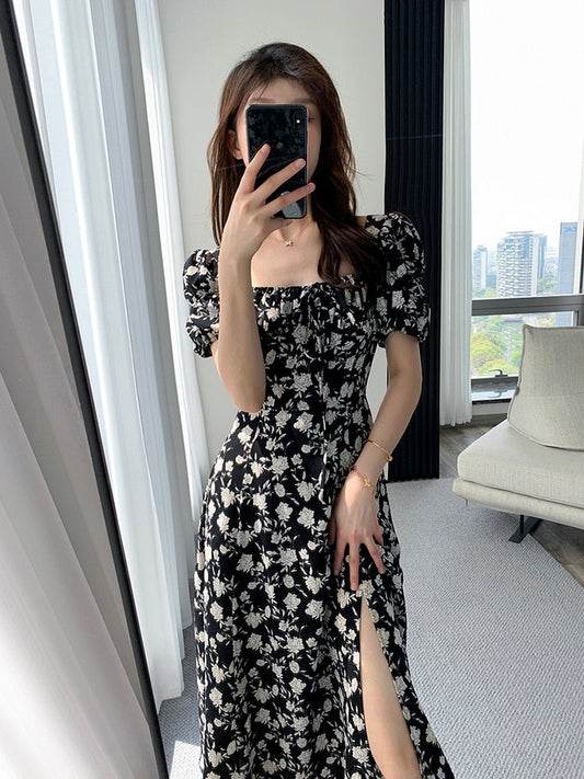 maoxiangshop Vintage French Sexy Bodycon Black Floral Square Collar Office Lady Midi Chiffon Dress Women Party Elegant Clothes Summer