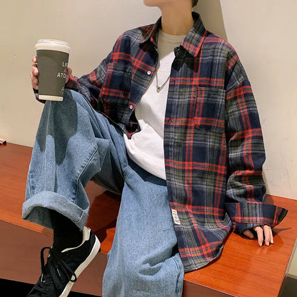 maoxiangshop Harajuku Long Sleeve Plaid Shirts Men Big Size M-5XL Autumn Chic Loose Vintage High Street All-match Gentleman Camisa