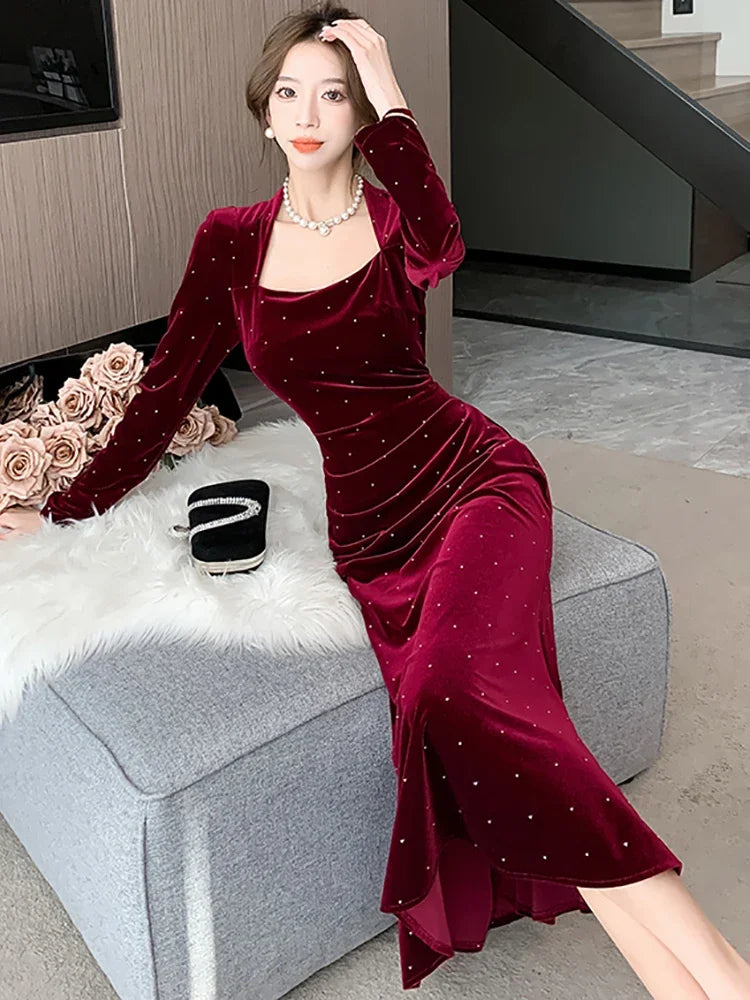 maoxiangshop Autumn Winter Red Velvet Diamonds Square Collar Long Dress Women Elegant Luxury Festival Dress Gown 2024 Korean Vintage Vestidos