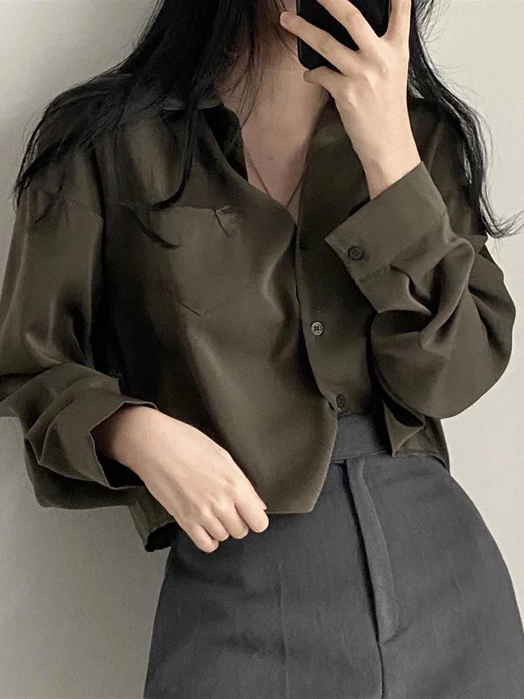 maoxiangshop Designed Women Shirts Korean Fashion Solid Long Sleeve Button Up Tops Office Ladies Chiffon Short Blouse New