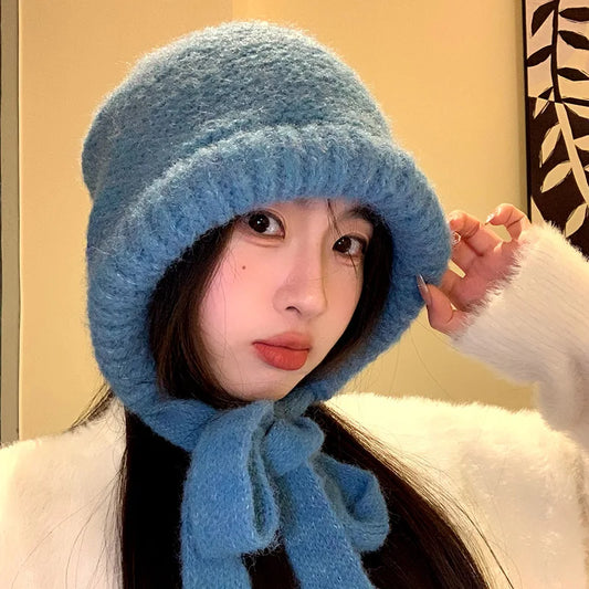 maoxiangshop  -  Solid Color Knitted Beanies for Women Winter Warm Thickened Lace-Up Bonnet Pullover Hat Outdoor Sports Skiing Ear Protection Cap