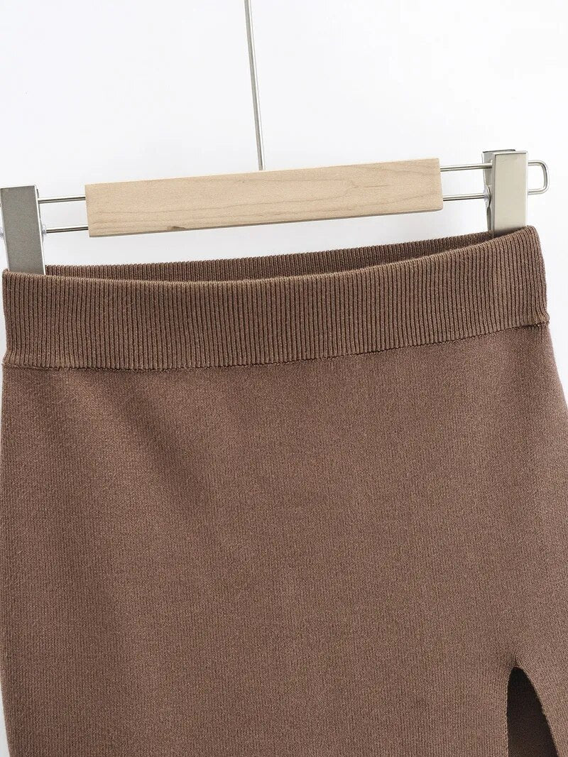 maoxiangshop Knitting Women Skirts Side Split Brown Solid High Waist Autumn Fashion Skinny Harajuku E-Girl Female Short Skirt QT047