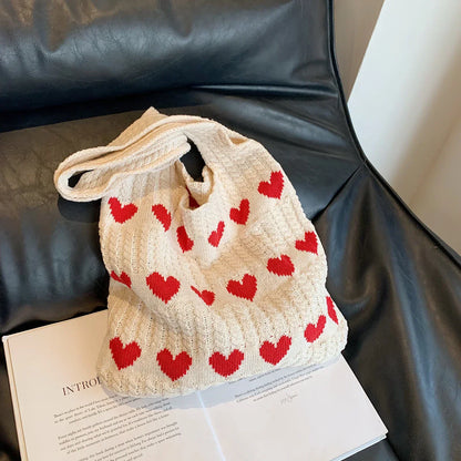 Fashionable Valentine's Day Solid Color Knitted Material with Heart shaped Decoration Open Top Women's One Shoulder Tote Bag