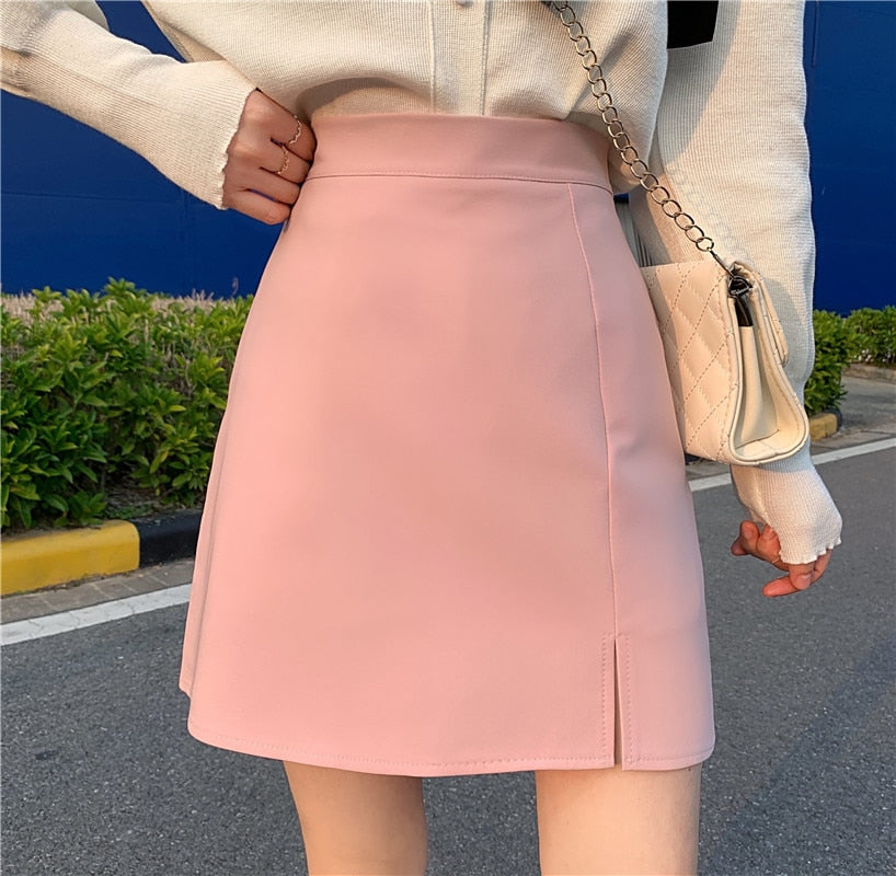 maoxiangshop Summer Women Mini Solid A-line Skirts Above Knee Simple Skirt With Linning Female Short Split Bottoms For Girls