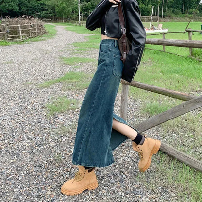 Lucyever Split Denim Skirt for Women 2024 Spring Summer New Y2K High Waist Long Skirt Female Vintage Blue A-Line Jean Skirts