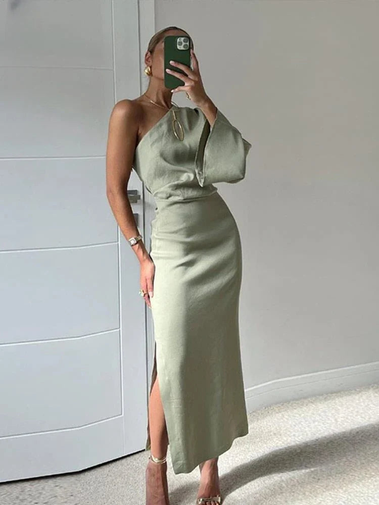 Autumn Sexy One Shoulder Long Sleeve Linen Blending Dresses Elegant Backless Slit Bodycon Dress Pleated Robe