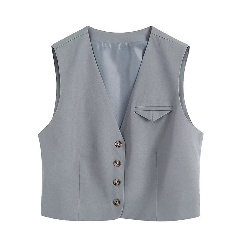 maoxiangshop Suits Spring OL Style Sets Women Casual 2 Piece Sleeveless Blazer Cropped V Neck Vest + Loose Long Pants Grey