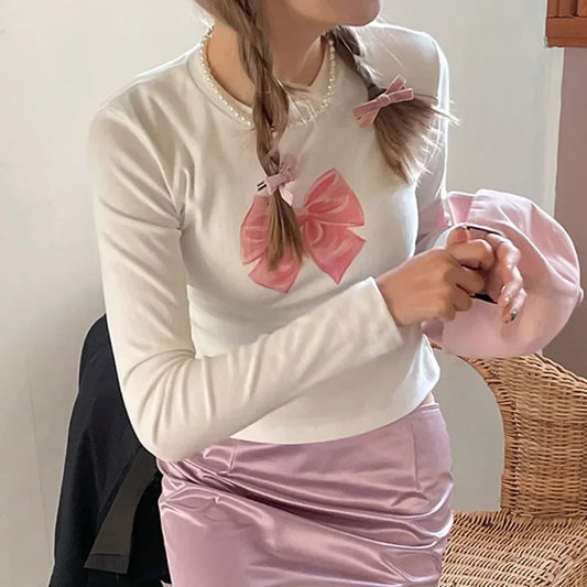 maoxiangshop-Cute Bow Print Cropped Top White Coquette Slim-fit Long Sleeve T-shirts Sweet Casual Basic Knitted Tops Y2K Autumn 2023