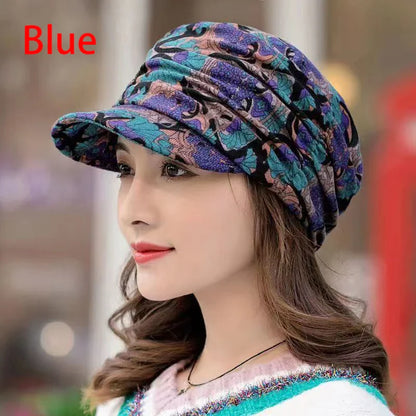 maoxiangshop Women Hat Short Brim Warm Foldable Earflap Women Cap Ethnic Style Floral Print Autumn Winter Hat Daily Clothing Turban Visor