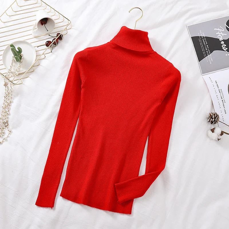 maoxiangshop 2024 Autumn Winter Women Long Sleeve Knitted Foldover Turtleneck Ribbed Pull Sweater Soft Warm Femme Jumper Pullover Clothes