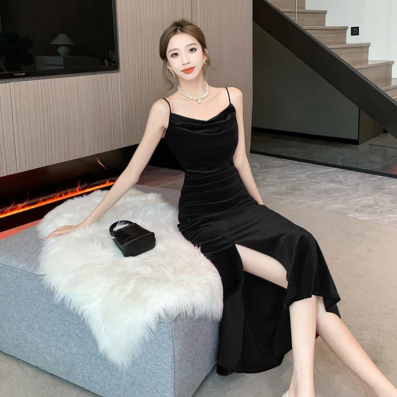 maoxiangshop Sexy Vintage Split Velvet Spaghetti Strap Midi Dresses for Women Autumn Winter French Elegant Wedding Party Female Clothing