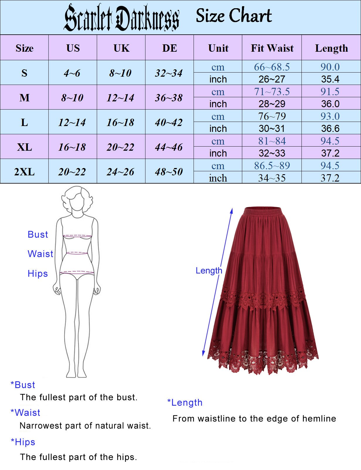 maoxiangshop Women Renaissance Skirts Lace Hem Tiered Skirt Elastic Waist A-Line Maxi Skirt Club Party Vintage Steampunk Casual Skirt