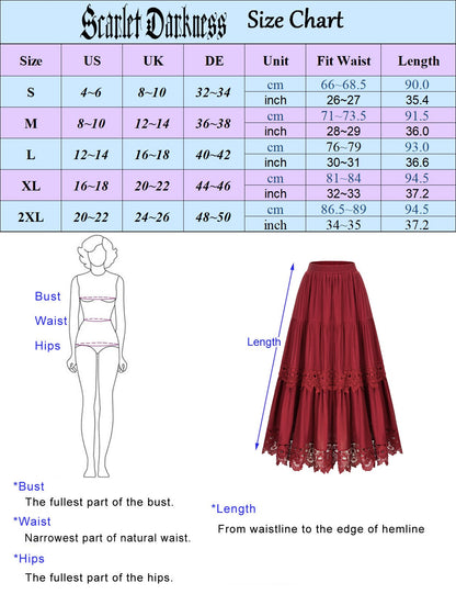 maoxiangshop Women Renaissance Skirts Lace Hem Tiered Skirt Elastic Waist A-Line Maxi Skirt Club Party Vintage Steampunk Casual Skirt