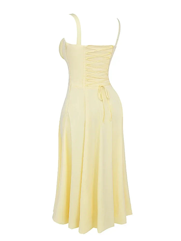 Chu Sau beauty 2024 Women Fashion Sweet Bow Tie French Midi Dress Cute Square Collar Sexy Slim Backless Split Straped Dresses