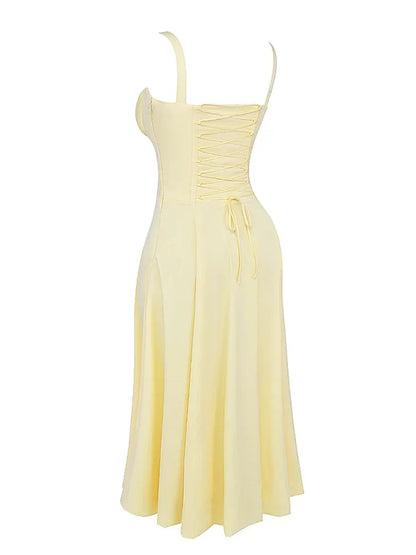 Chu Sau beauty 2024 Women Fashion Sweet Bow Tie French Midi Dress Cute Square Collar Sexy Slim Backless Split Straped Dresses
