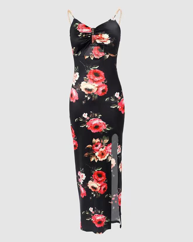 maoxiangshop Sexy Spaghetti Strap Backless Floral Midi Bodycon Dress Women Summer Black  Metal Chain Party Long Dresses For Women