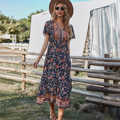 Boho Dress For Women Flower Print V Neck Short Sleeve High Waist Summer Dresses Casual Beach Holiday Vestidos Female