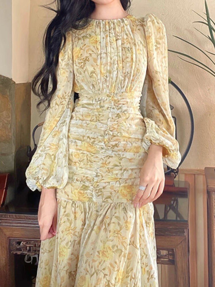 maoxiangshop Floral Print Lace Midi Dresses for Women Clothing Elegant Long Sleeve Folds Party Prom Female Beach Bodycon Dress Summer