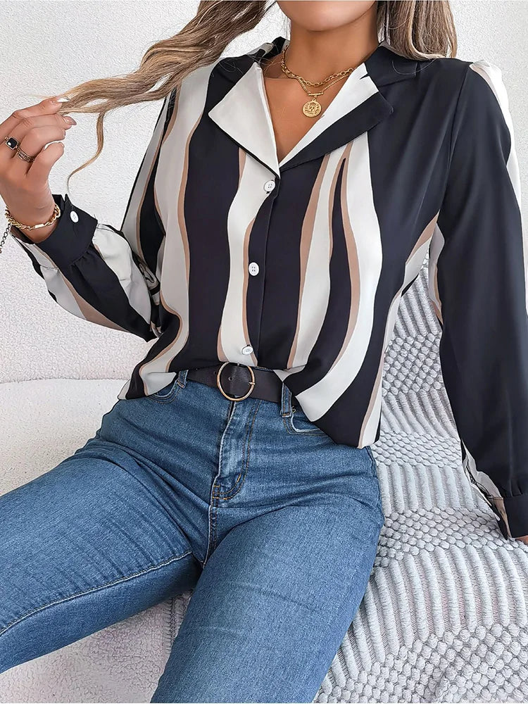 maoxiangshop Elegant Striped Women's Shirt Autumn Puff Long Sleeve Tops Youth Black Shirts & Blouses Casual Button Blouse New Collection