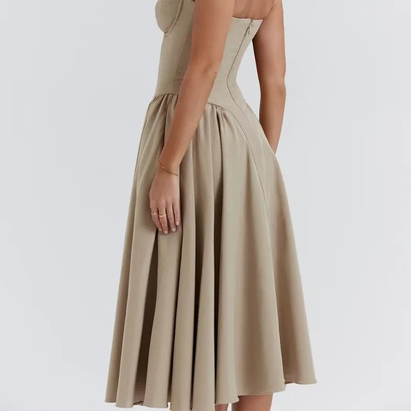 maoxiangshop Khaki Midi Dresses Elegant Chic Women Holiday Party Dress Vintage Sexy Pleated Sleeveless Casual Long Dress Backless