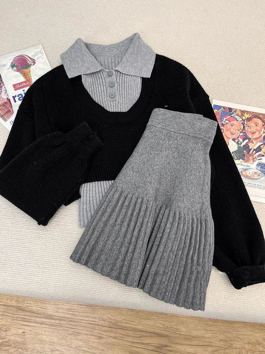 maoxiangshop  -  New Autumn Women's Knitted Three Pieces Sets Chic Office Ladies Pullover Sweater + High Waist Pleated Skirt Suits